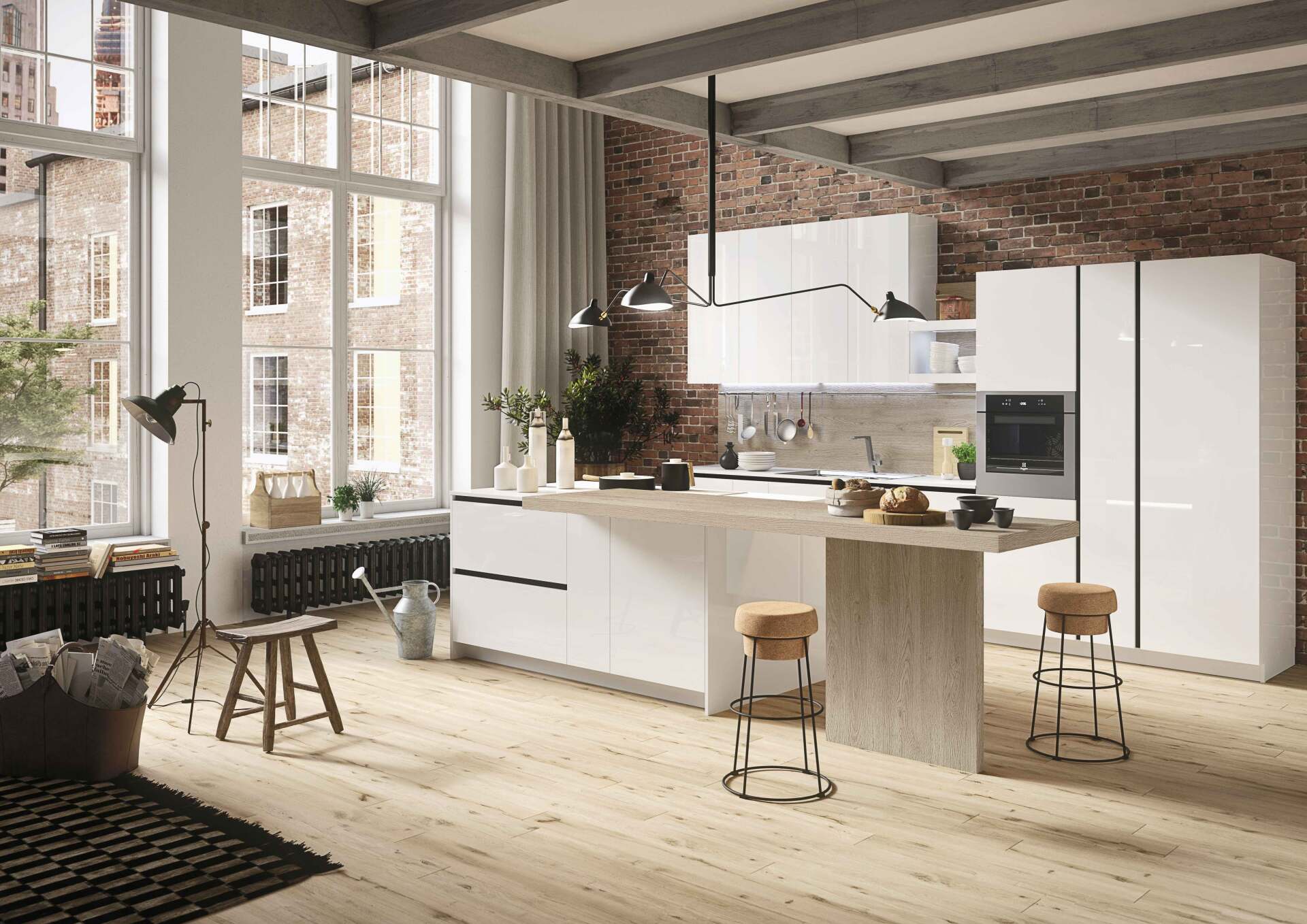 Cucina moderna Snaidero con mobili bianchi, isola in legno, parete in mattoni, ampie finestre e sgabelli.