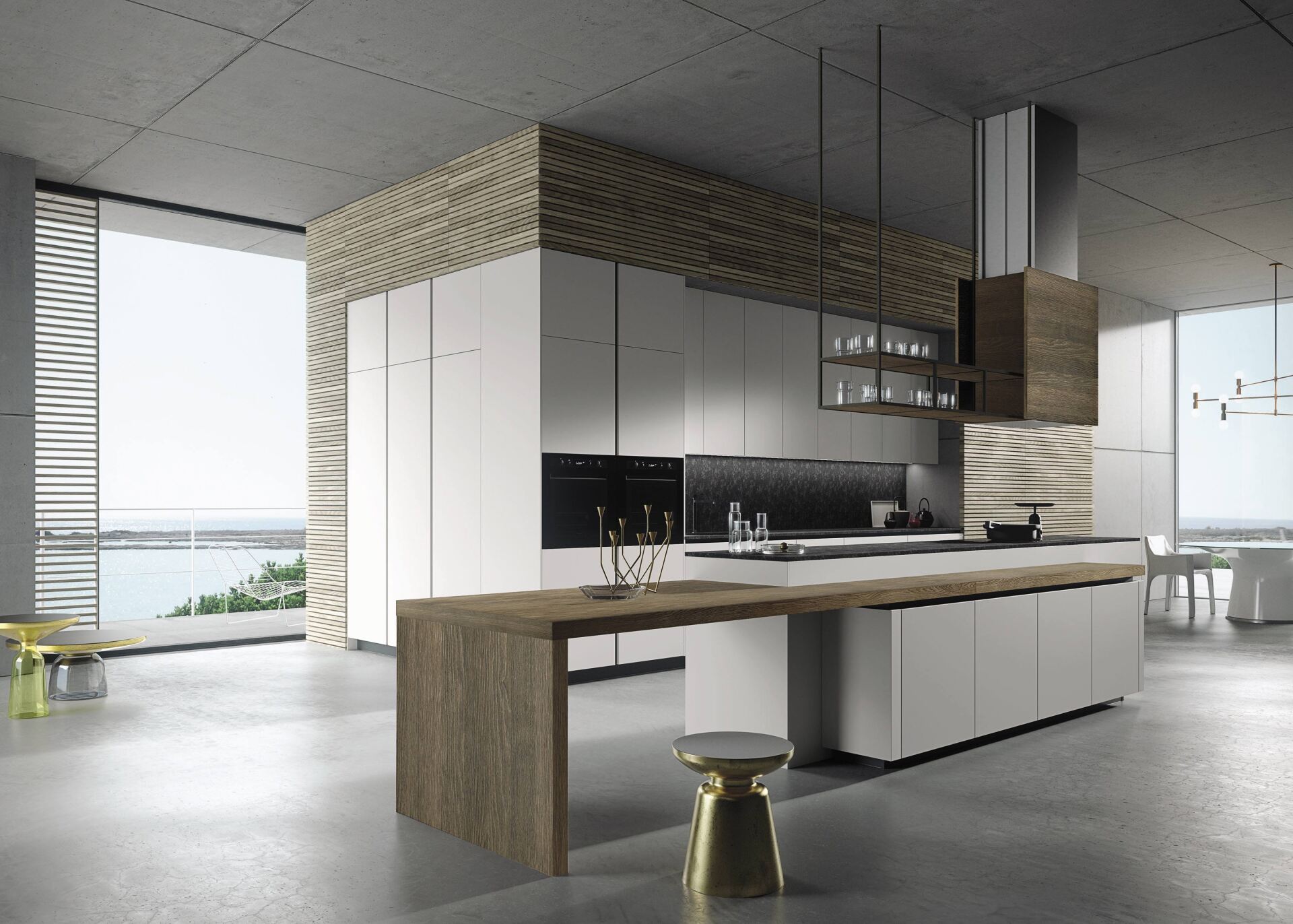 Cucina moderna Snaidero con mobili bianchi, dettagli in legno e isola con posti a sedere.
