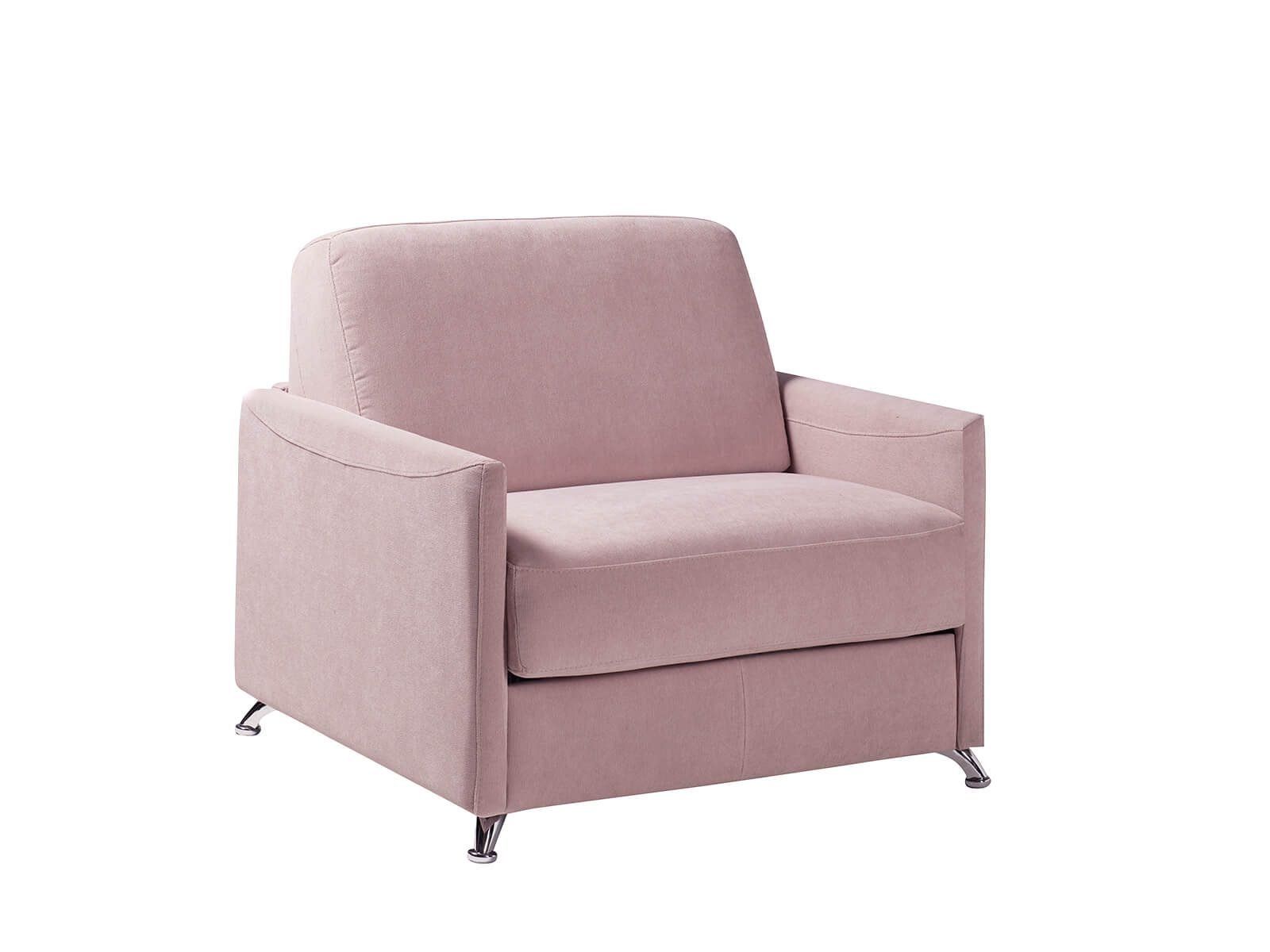 Poltrona imbottita rosa con braccioli quadrati e gambe cromate.
