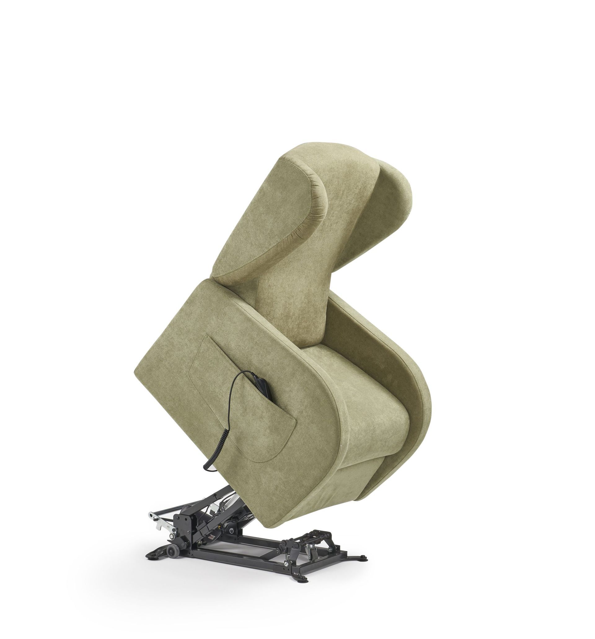 Poltrona reclinabile beige con base nera, inclinata verso l'alto.