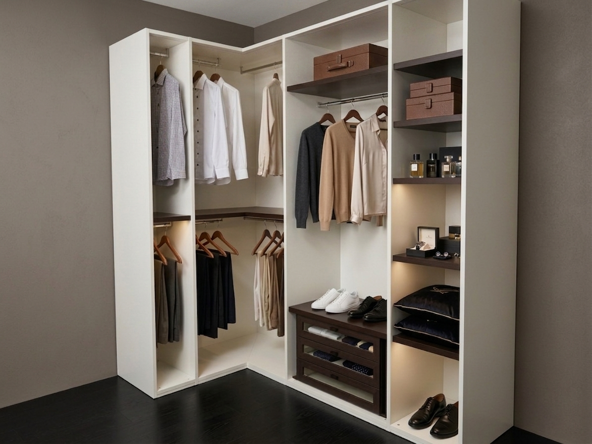 Armadio angolare con vestiti appesi, ripiani e contenitori. Camera da letto con letto.