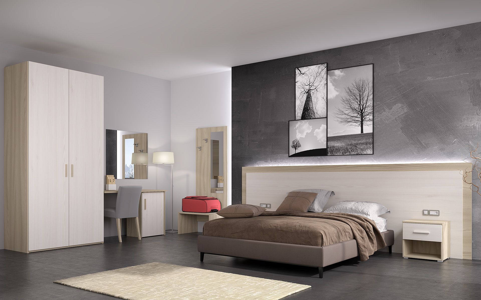 Camera da letto con letto, armadio, mobiletto per toeletta, tappeto e quadri su una parete grigia.