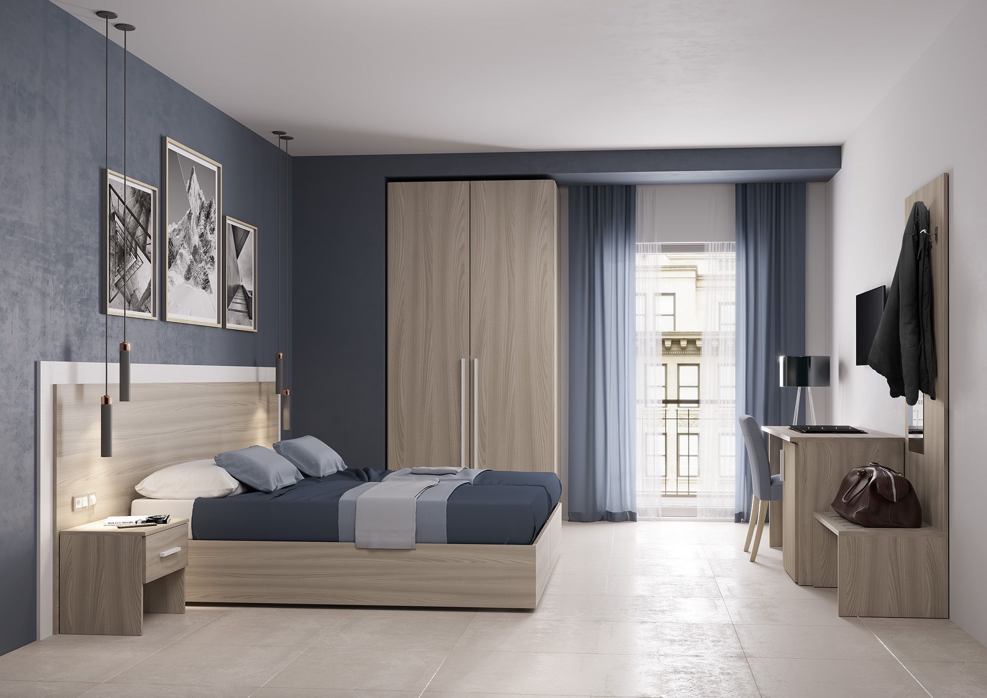 Camera da letto con mobili in legno e pareti blu. Include letto, armadio, scrivania e opere d'arte.