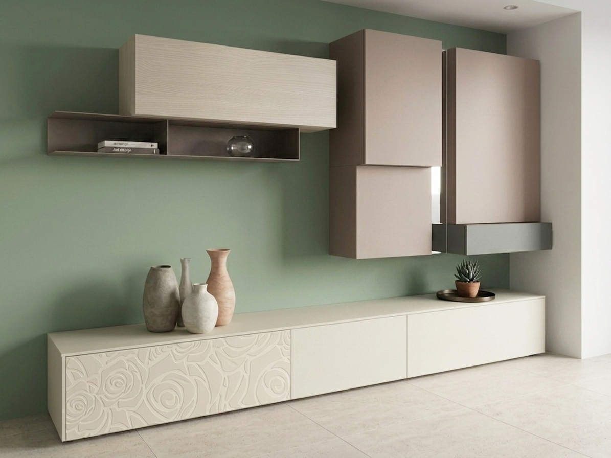 Arredamento moderno per il soggiorno: mensole sospese grigie, armadietti e opere d'arte astratte.