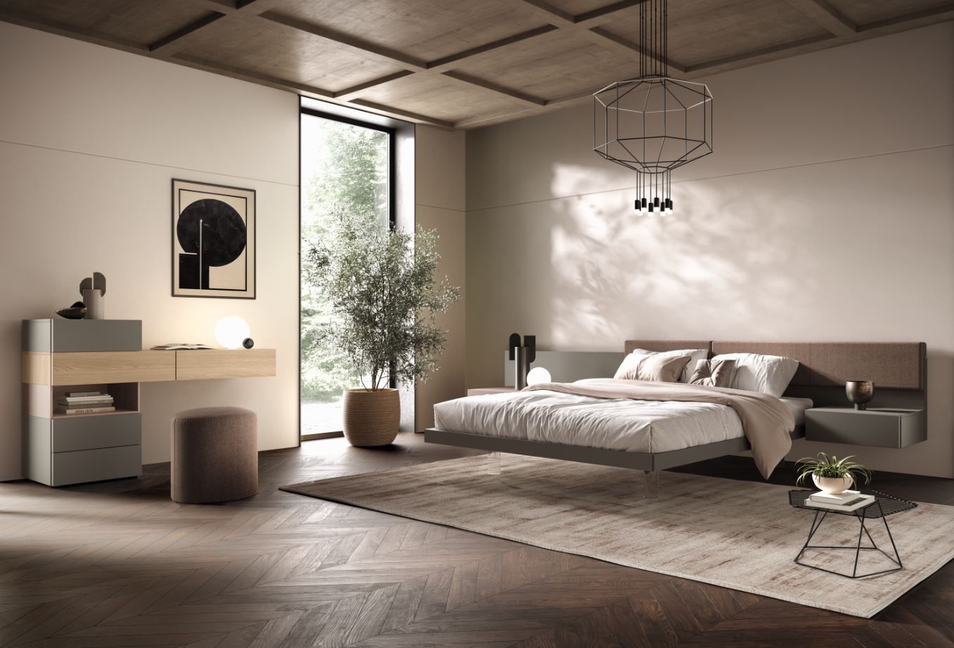 Camera da letto moderna con letto, cassettiera, quadri, finestra e tappeto. Tonalità terra, luce naturale.