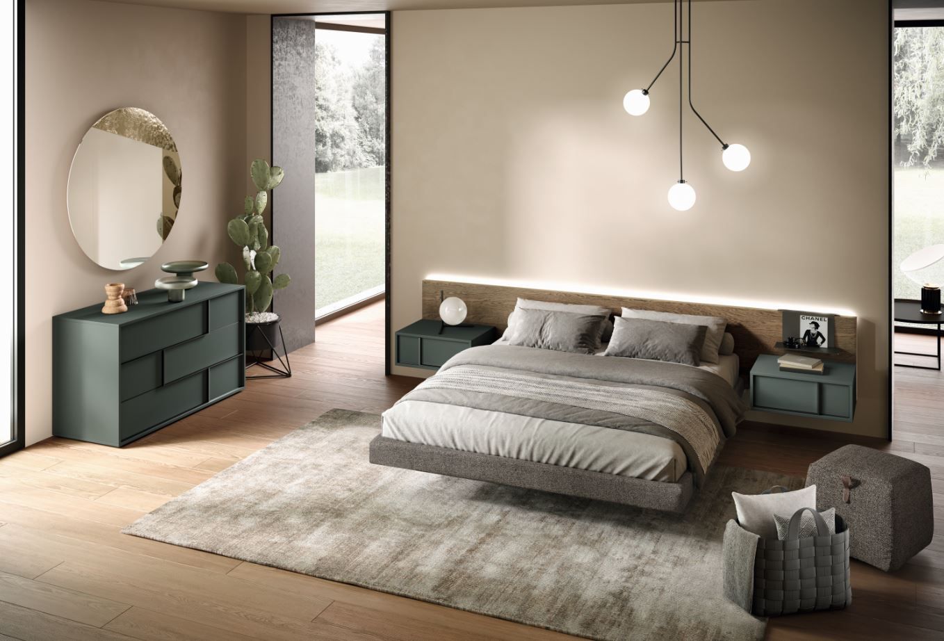 Camera da letto moderna con letto grigio, mobili color verde acqua, tappeto neutro e ampie finestre.
