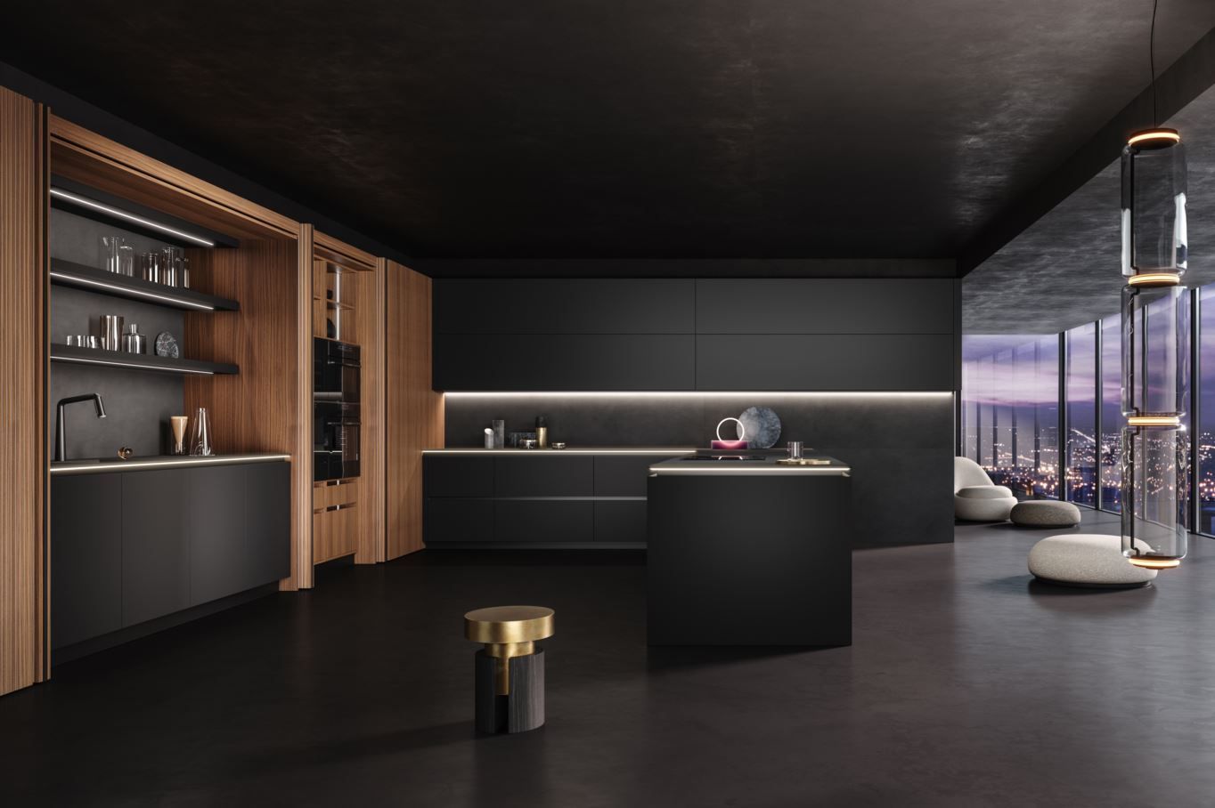 Elegante cucina moderna Snaidero con mobili neri e dettagli in legno, isola e ampia finestra con vista sulla città.