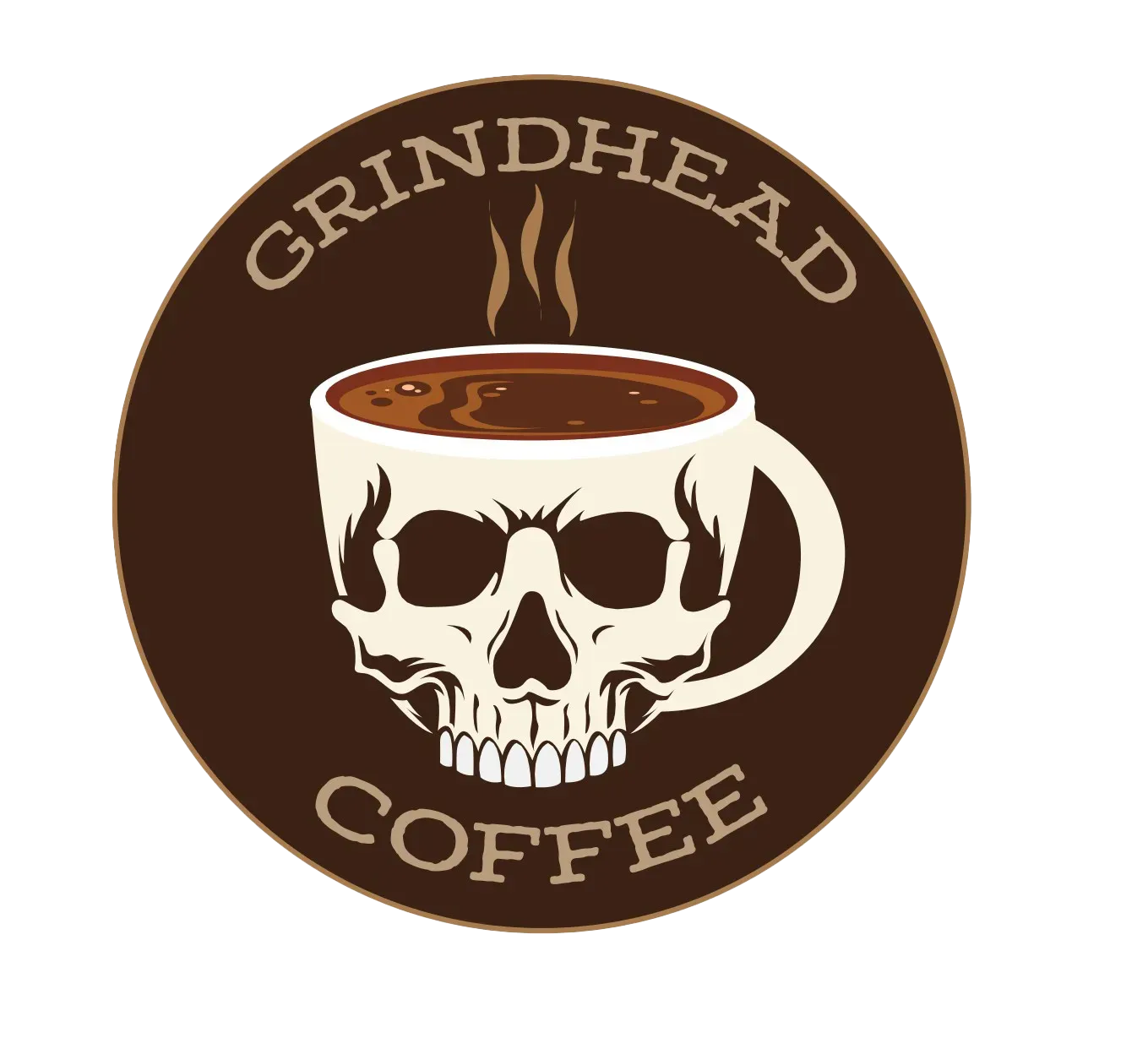Logo for Grindhead Coffee featuring a cream-colored human skull shaped into a coffee mug on a brown circular background.