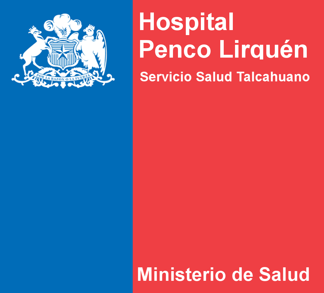 Logotipo del Hospital Penco Lirquén, Chile, en color azul y rojo, con escudo y texto.