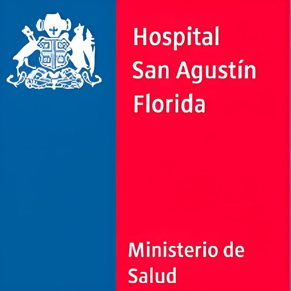 Logotipo del Hospital San Agustín Florida, Chile. Presenta el escudo de armas chileno y texto sobre fondo rojo y azul.