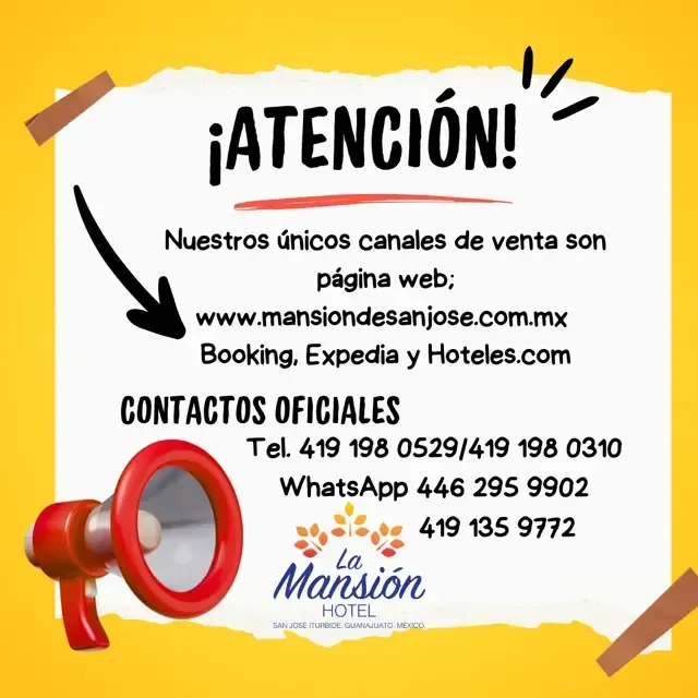 Anuncio de hotel español sobre fondo amarillo con megáfono, sitio web, canales de reserva y números de contacto oficiales.