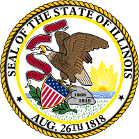 Seal of the State of Illinois: eagle with banner, holding shield over rising sun, August 26, 1818.