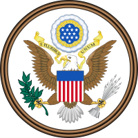 Great Seal of the United States: Bald eagle with shield, olive branch, arrows, and banner reading 