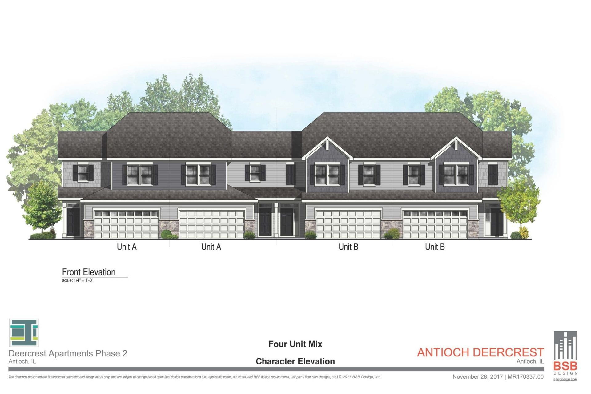 Architectural rendering of two townhomes with gray siding and attached garages.