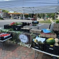Produce stand at a farmer's market with fruits and vegetables under a white canopy.