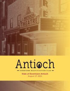 Cover of the Antioch Downtown Beautification Plan, featuring the Antioch Theatre in sepia tones against a yellow background.