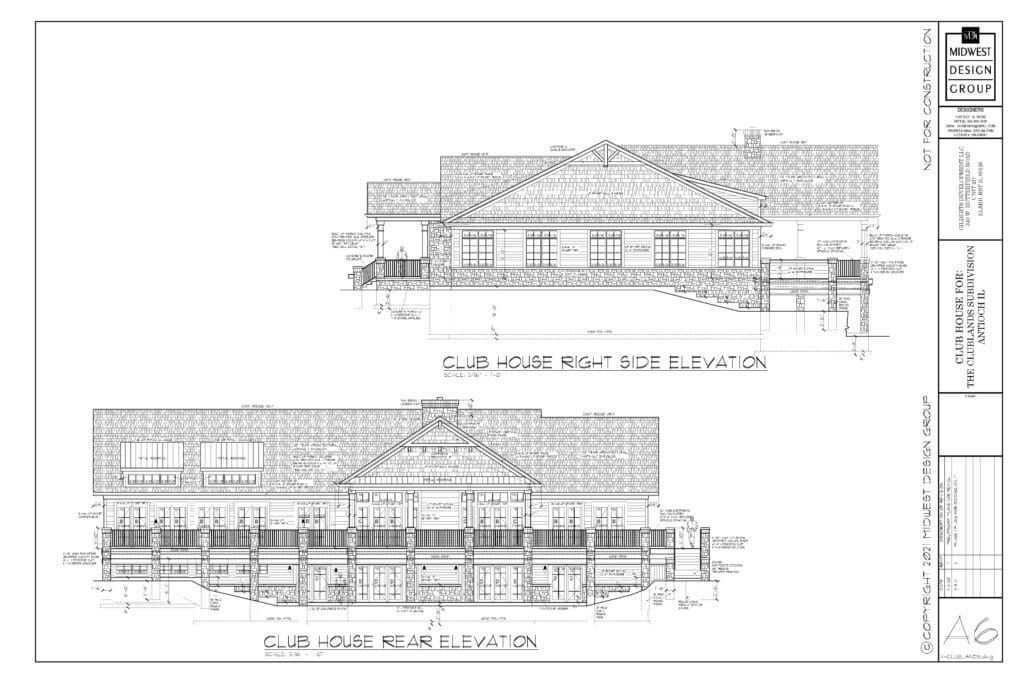 Architectural drawings: front and side elevations of a building with a gabled roof, porch, and detailed facade.