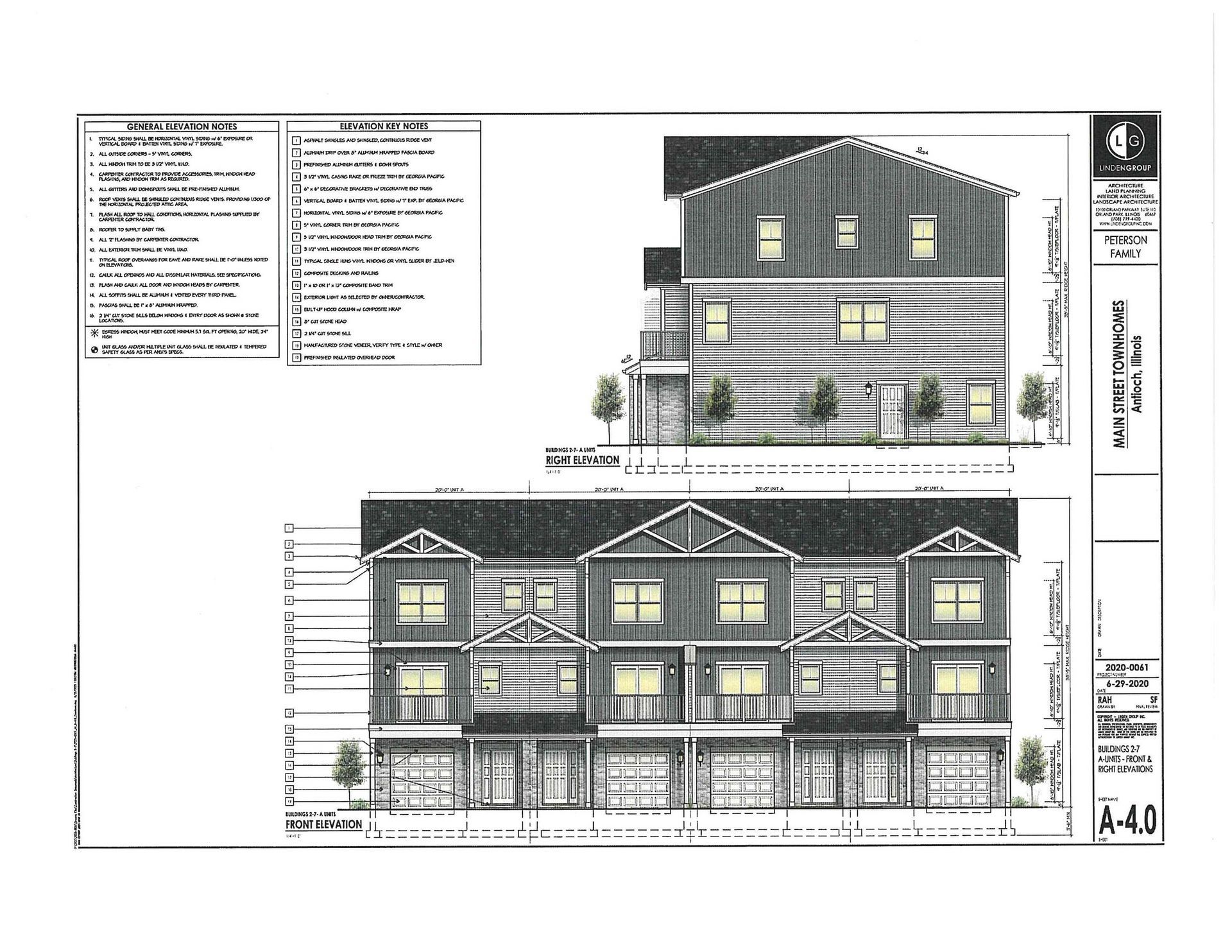 Architectural drawing of a multi-story building; facade shows a row of townhouses with garages, balconies, and gabled roofs.