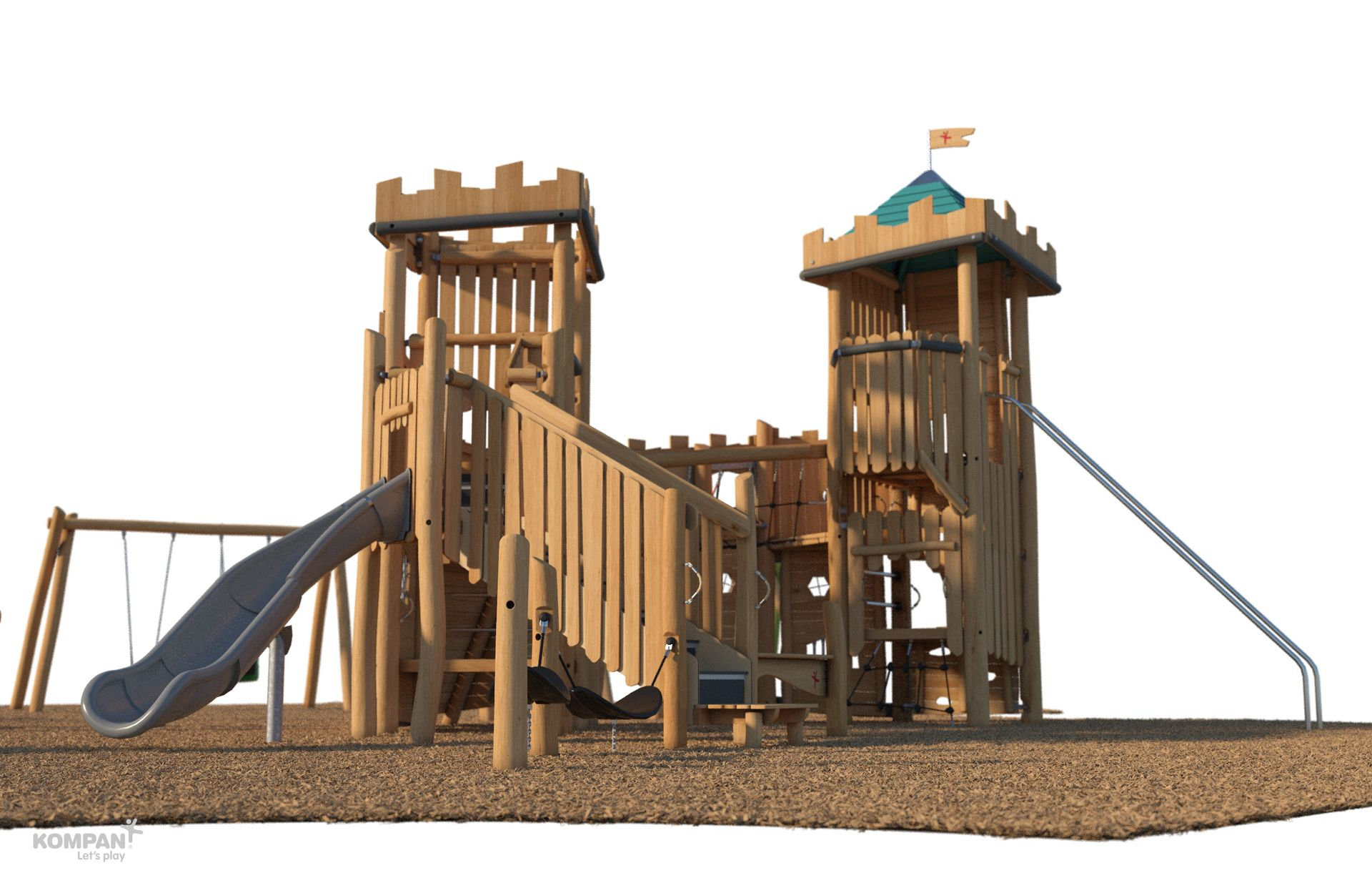 Wooden playground fort with slides, towers, and rope bridge on a woodchip surface