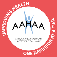AAHAA logo: white circle, red border, blue figure, text, 