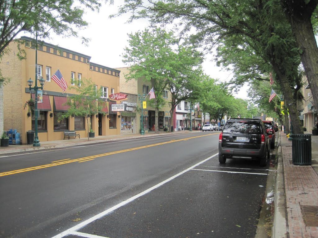 Street with storefronts, parked car, and trees on a wet day.