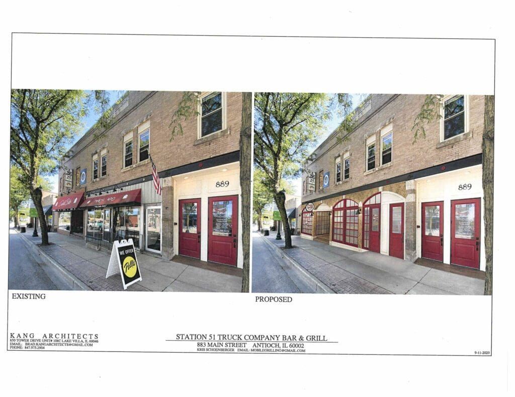Comparison of two storefront views; a brick building with red doors and a sidewalk.