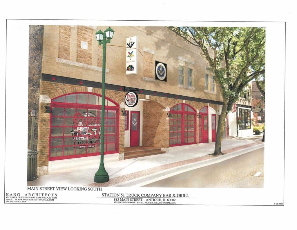 Rendering of a two-story brick building with red arched doors and a green street lamp, appearing to be a restaurant.