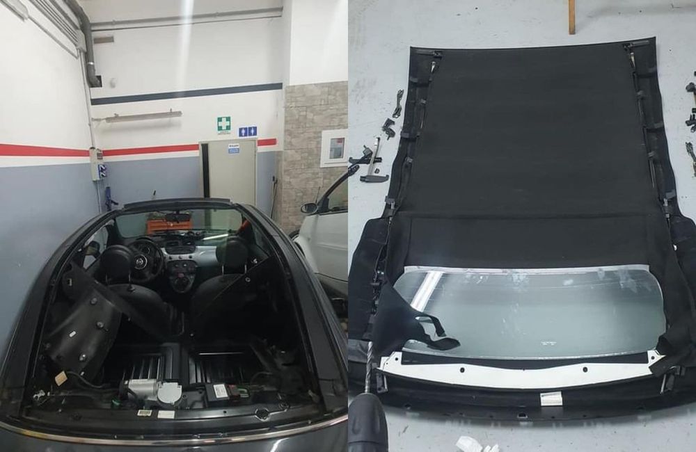 Interno dell'auto con capote rimossa per riparazione. Disposizione del pannello superiore.