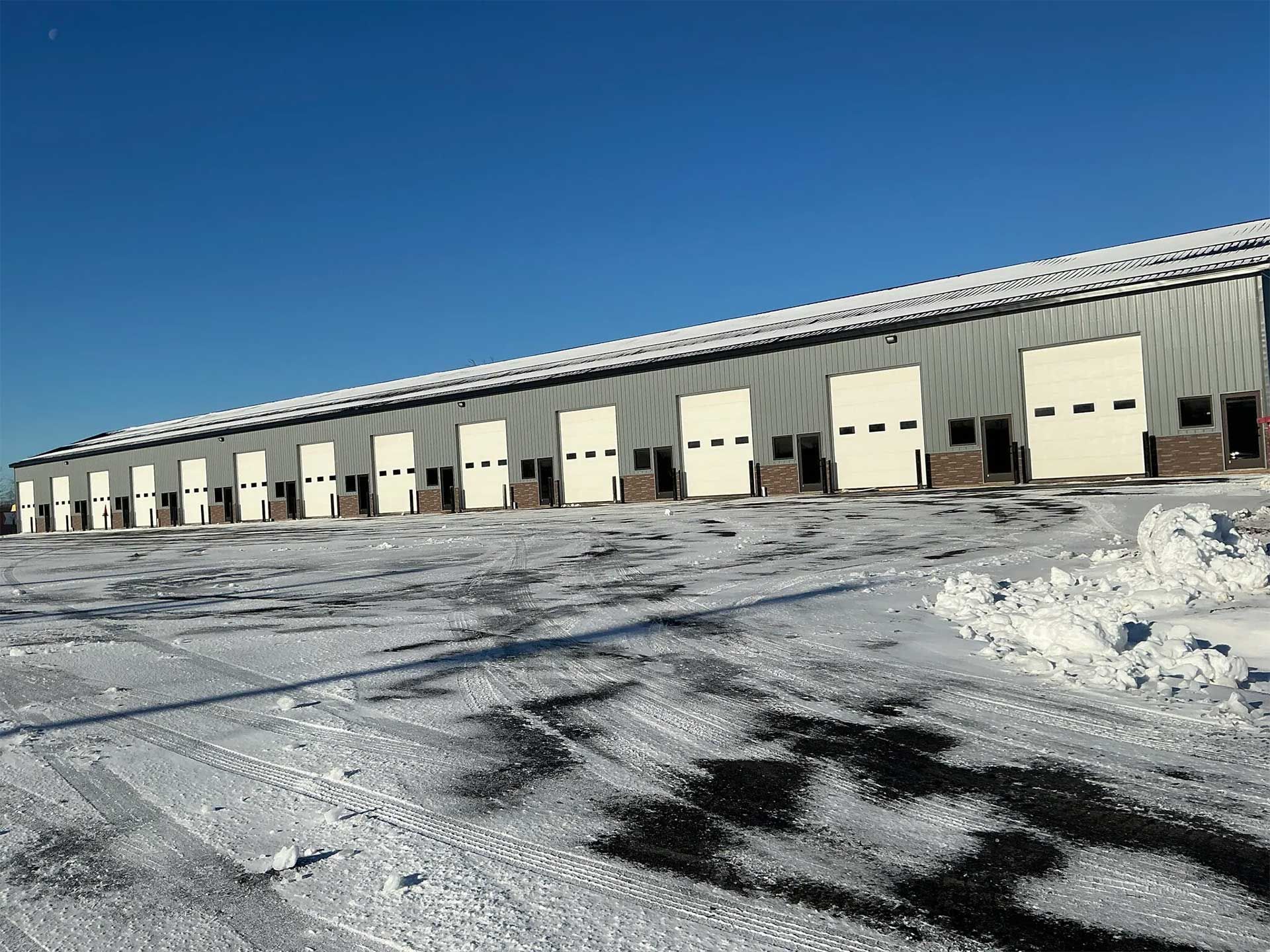 Snowy industrial warehouse