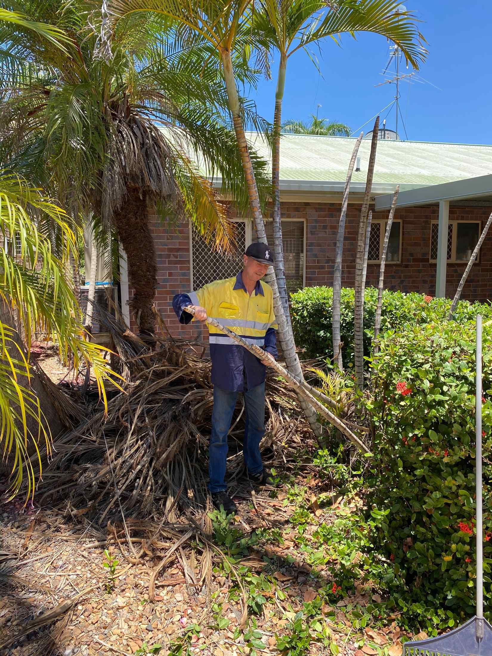 Man in Yellow Shirt Rakes Debris in a Garden, With Palm Trees — Darrell's Mowing Services in Sunset, QLD