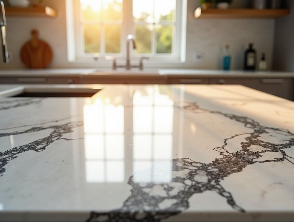 Sunlit kitchen with a glossy white marble island and window reflections