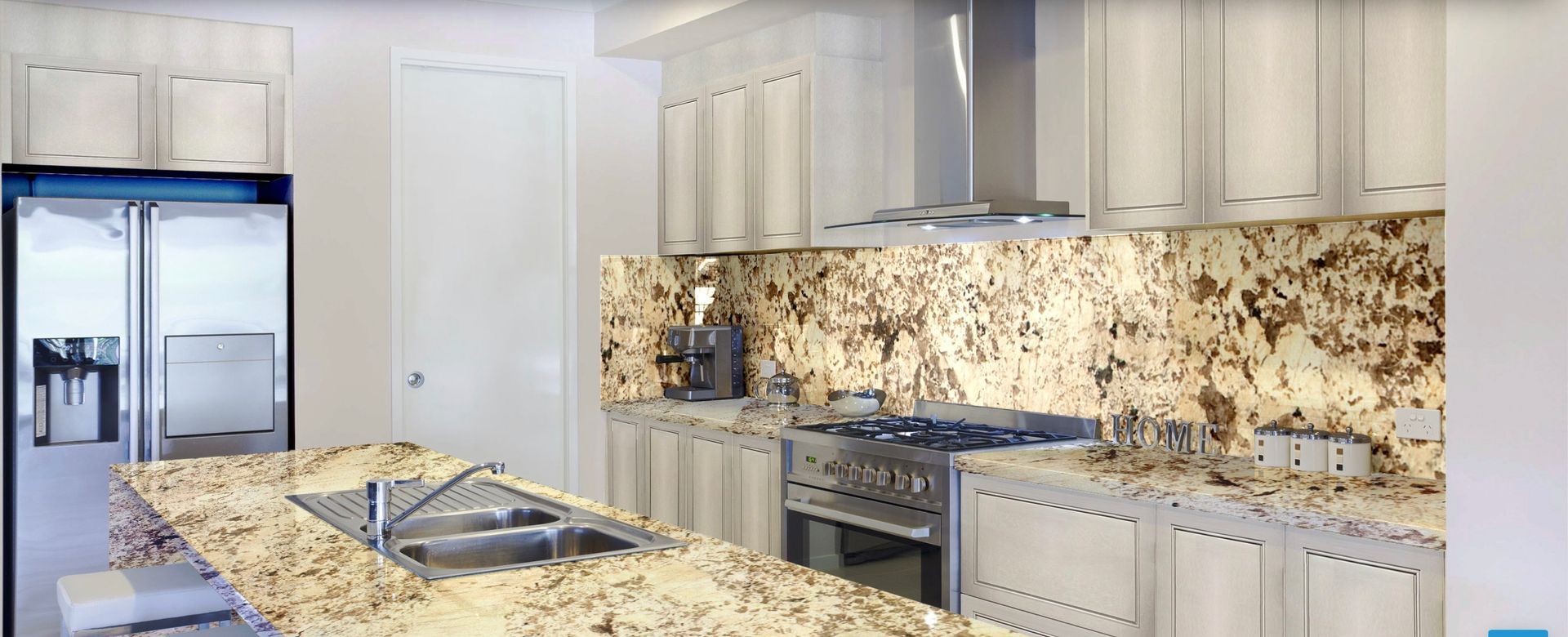 Bright modern kitchen with white cabinets, granite countertops, and a stainless steel refrigerator