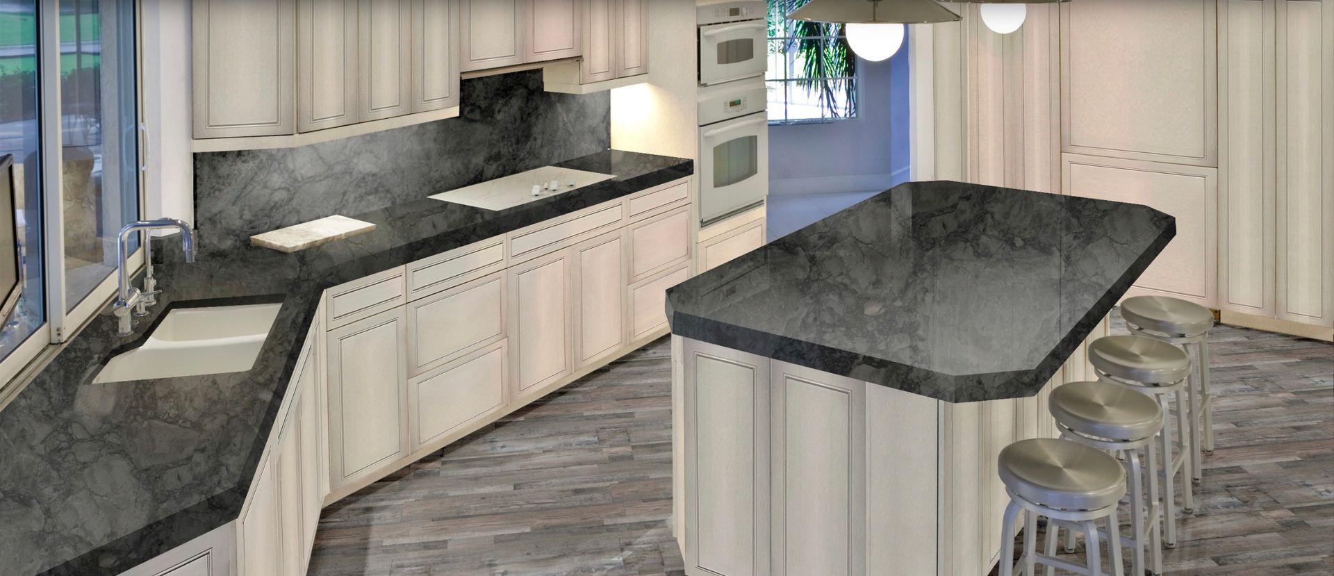 Modern kitchen with black countertops, light wood cabinets, and a central island with stools