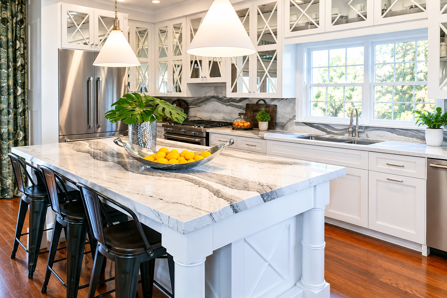 Bright white kitchen with marble island, black stools, pendant lights, and fruit centerpiece