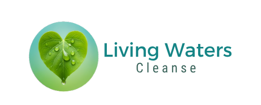Living Waters Cleanse logo with a green water droplet and leaf emblem on a white background
