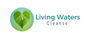 A logo for living waters wellness center with a waterfall on top of a hill.