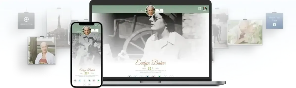 Laptop and smartphone displaying a wedding-themed website with soft floral photos and a bride image