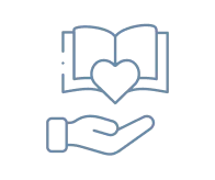 Outlined open book with heart above a helping hand, in soft blue-gray lines.