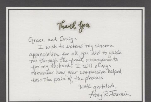 Thank-you note on white card with handwritten message and black border, expressing appreciation and gratitude