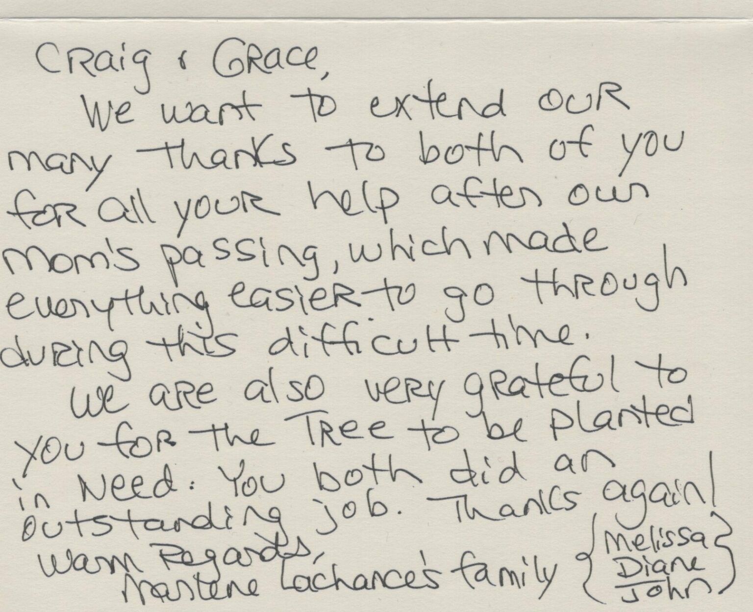 Handwritten thank-you note on lined paper expressing gratitude for plumbing work on a mom’s pass-through and tree planting.