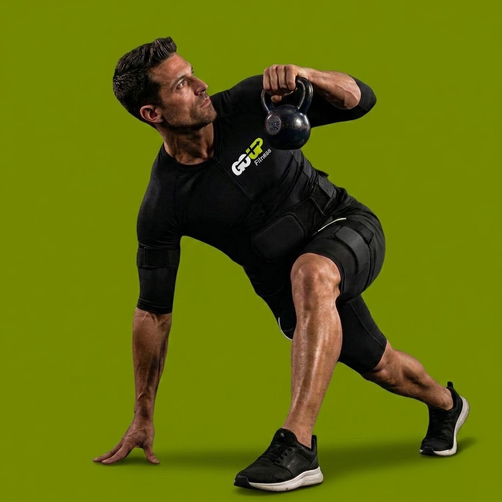 Uomo che esegue una distensione su pavimento con kettlebell, indossando abbigliamento sportivo nero, su sfondo verde.