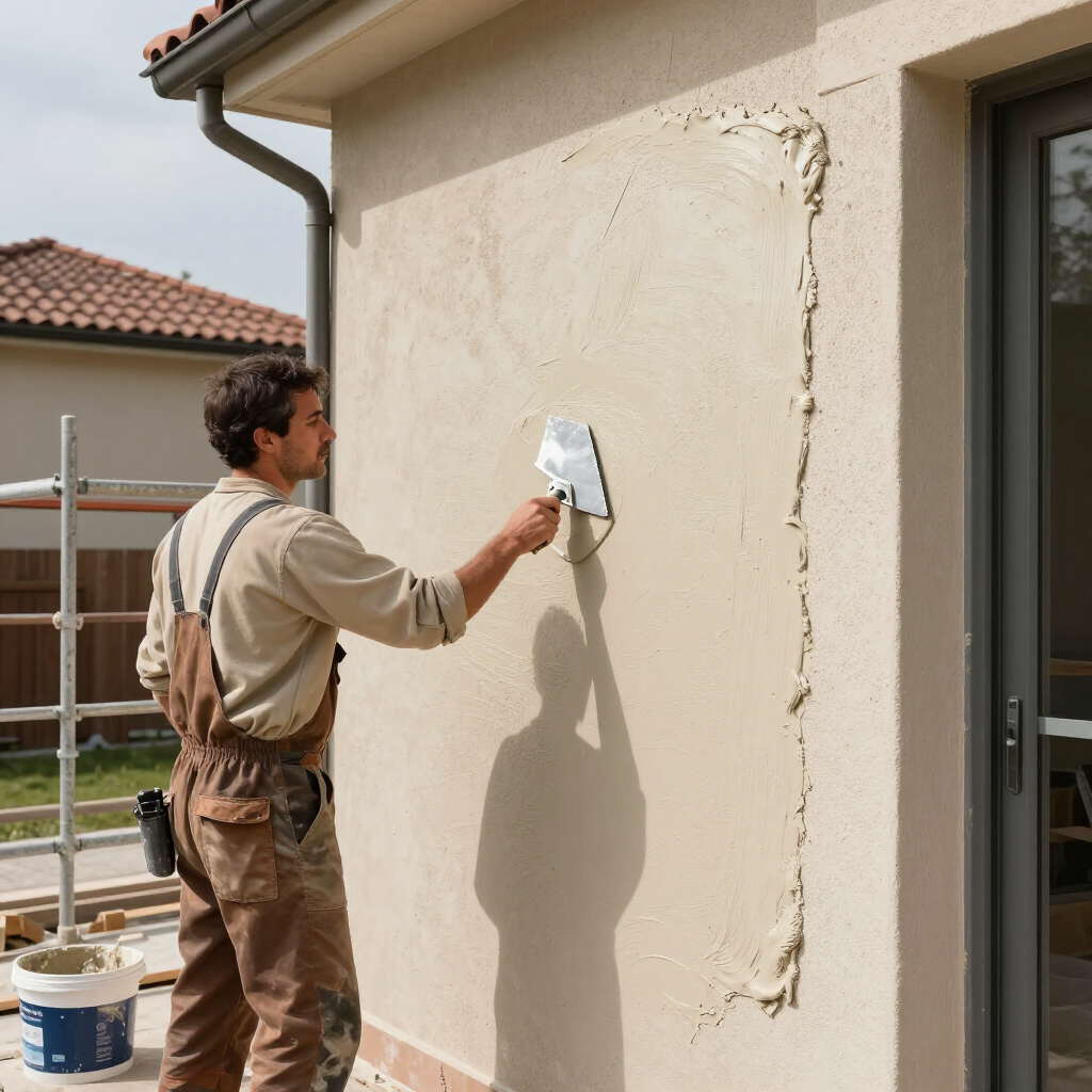 Worker plastering an exterior house wall with a trowel on a sunny day