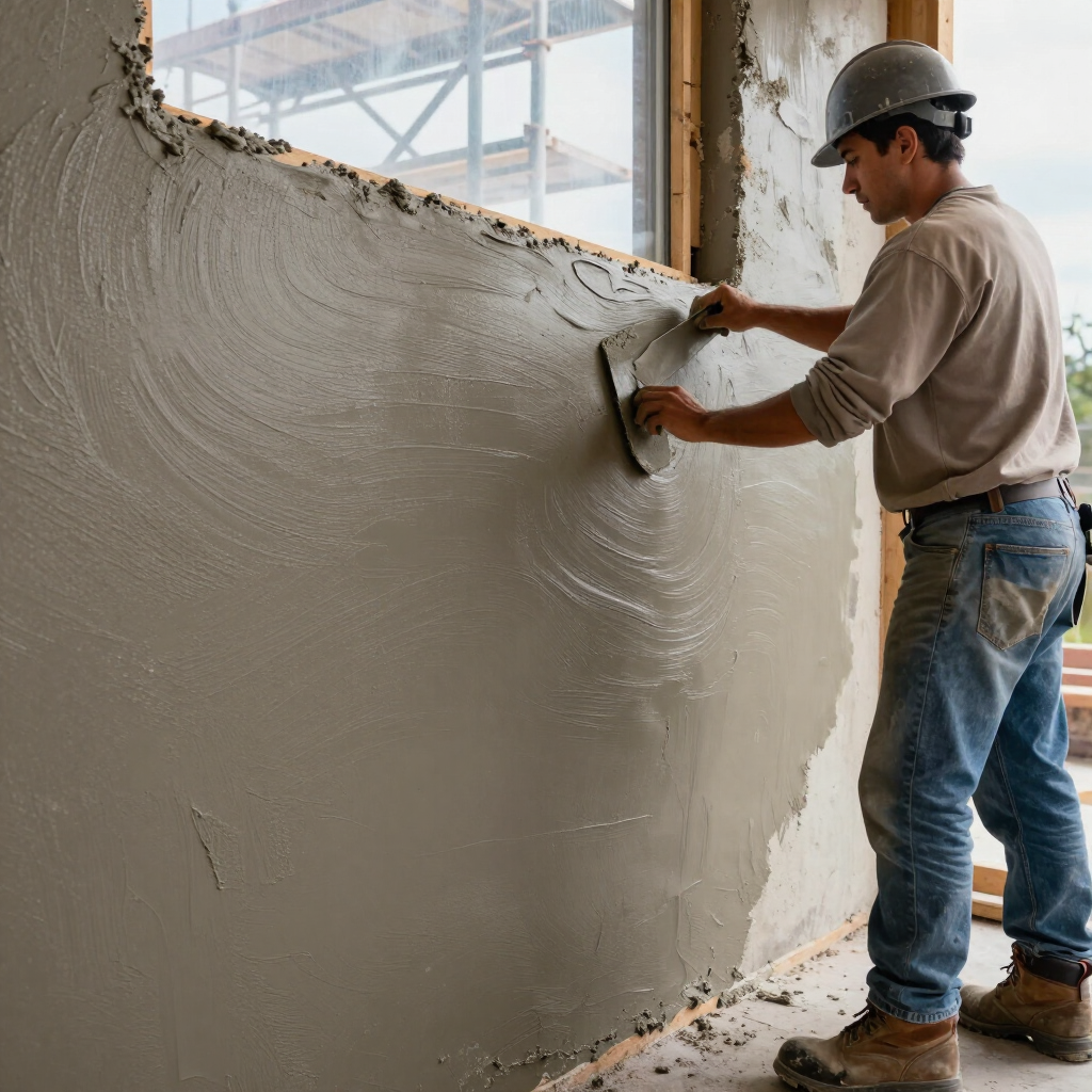 Worker smoothing wet plaster on a wall with a trowel at a construction site