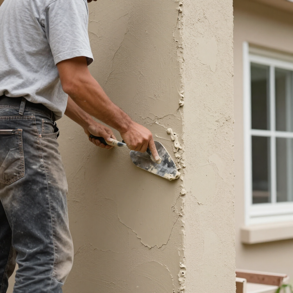 Worker applying plaster to an exterior wall near a window
