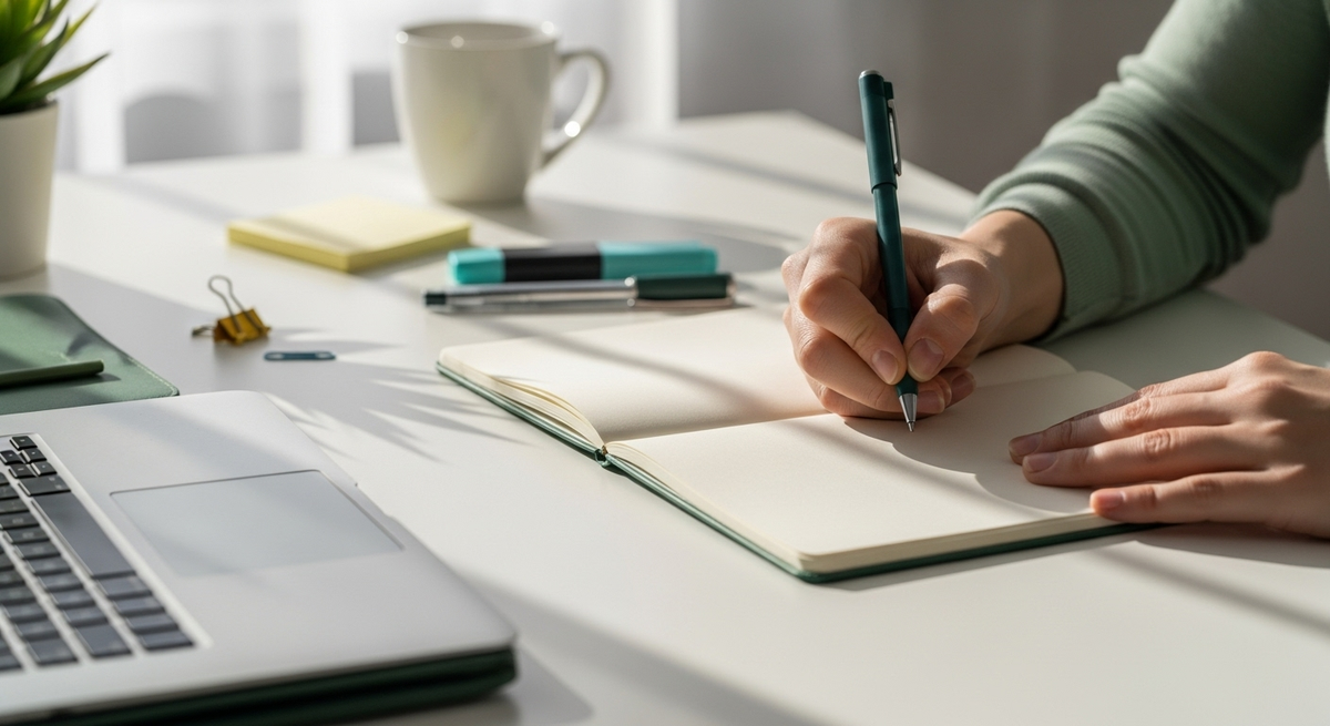 Hand writing in a notebook beside a laptop, coffee mug, and desk supplies on a bright desk