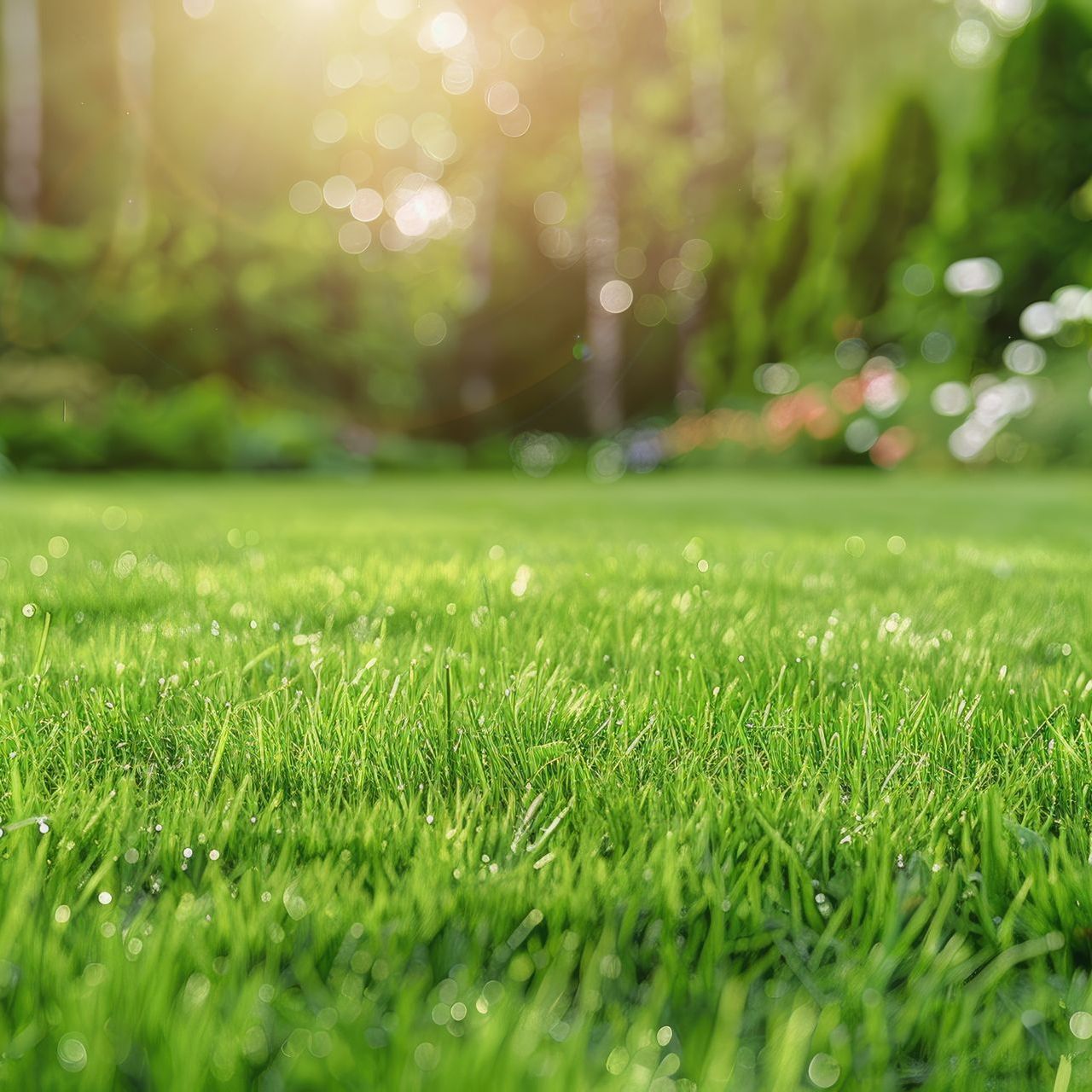 A close up of a lush green lawn with trees in the background.