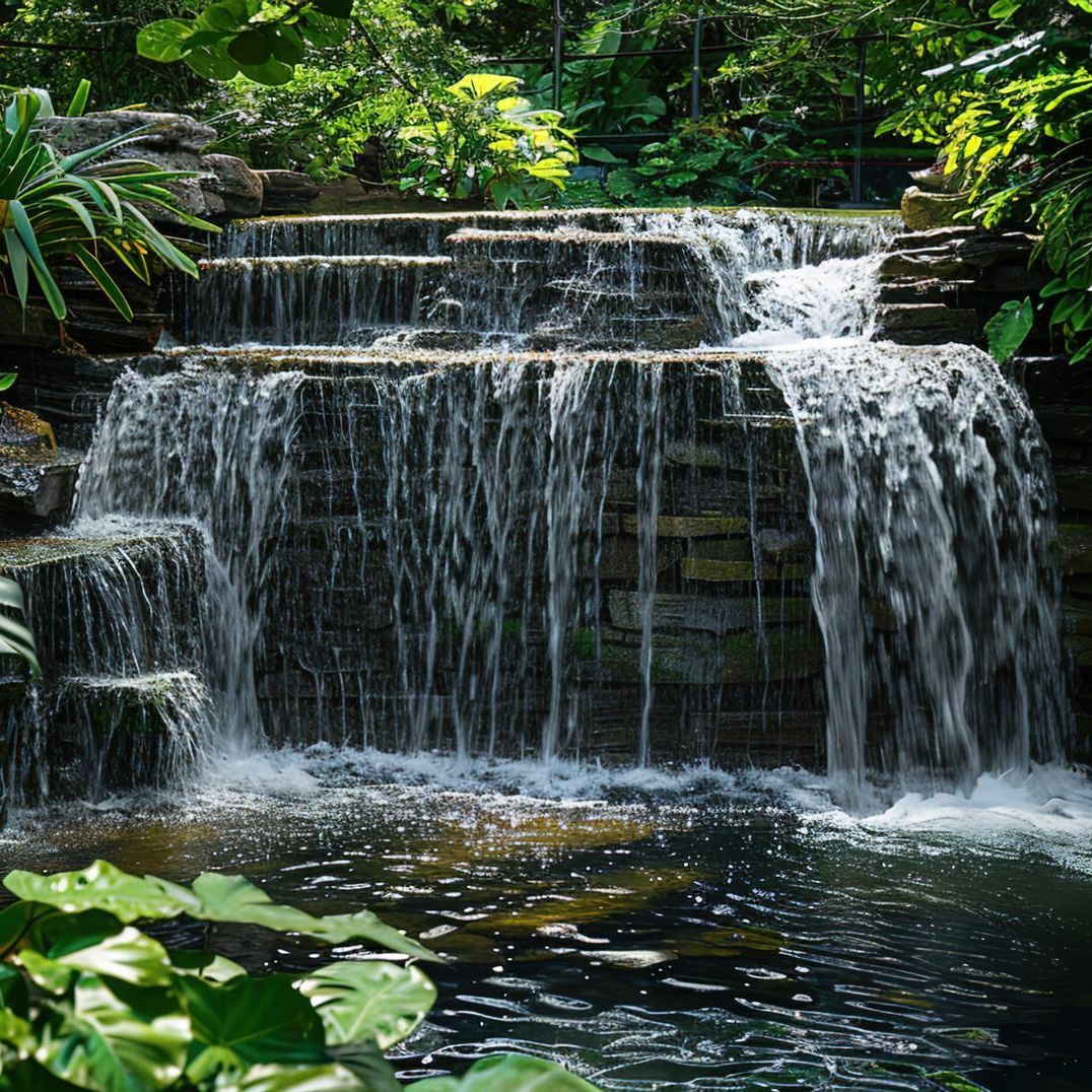 A waterfall is surrounded by trees and a pond in the middle of a forest.