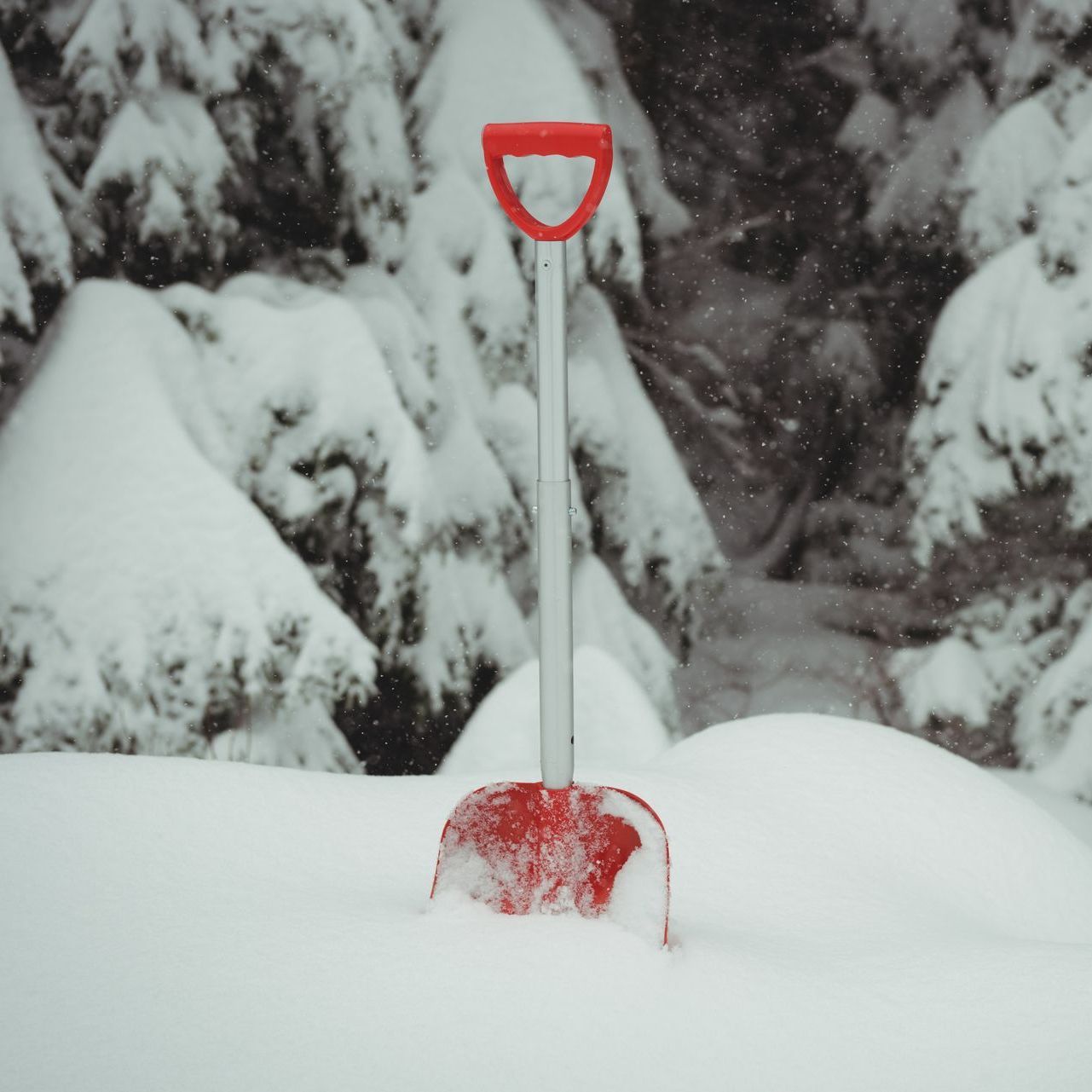 A red snow shovel is sitting on top of a pile of snow.