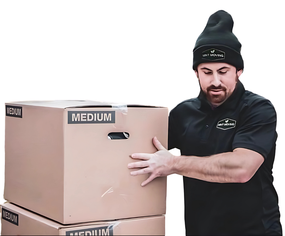 Man in black shirt and beanie, lifting a medium cardboard moving box.