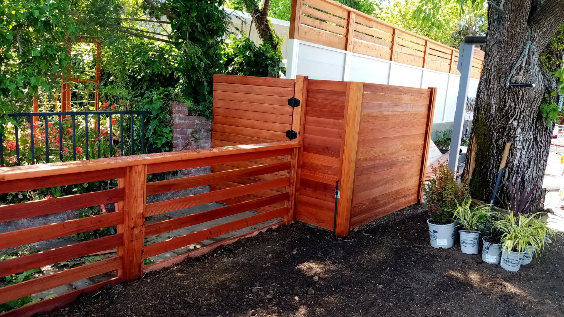 Wooden privacy fence and gate beside a tree, with potted plants along a paved yard.